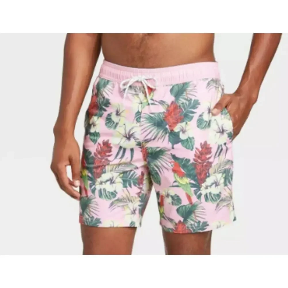 Goodfellow‎ & Co Mens Pink Tropical Parrot Floral Swim Trunks Shorts Size M